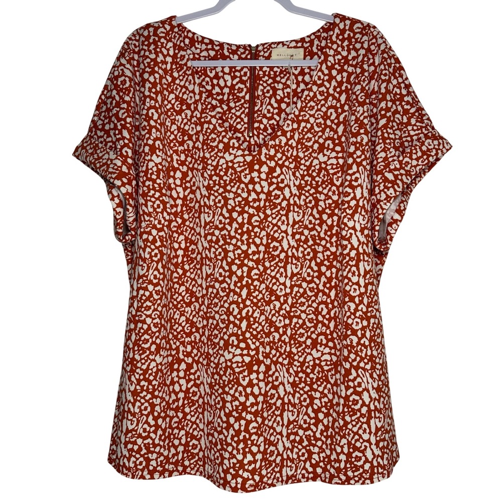 Melloday Women 1X Rust Orange Animal Print V-Neck Zipper Short Sleeve Blouse NEW